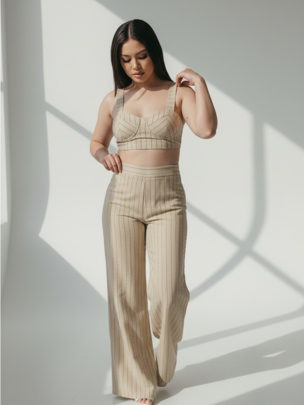 Striped Cream High-Waist Wide-Leg Pants - Picture 2 of 4